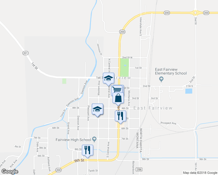 map of restaurants, bars, coffee shops, grocery stores, and more near 301 2nd Street in Fairview