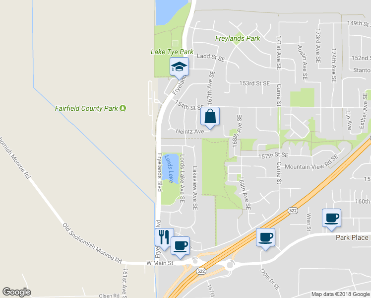 map of restaurants, bars, coffee shops, grocery stores, and more near 16510 156th Street Southeast in Monroe