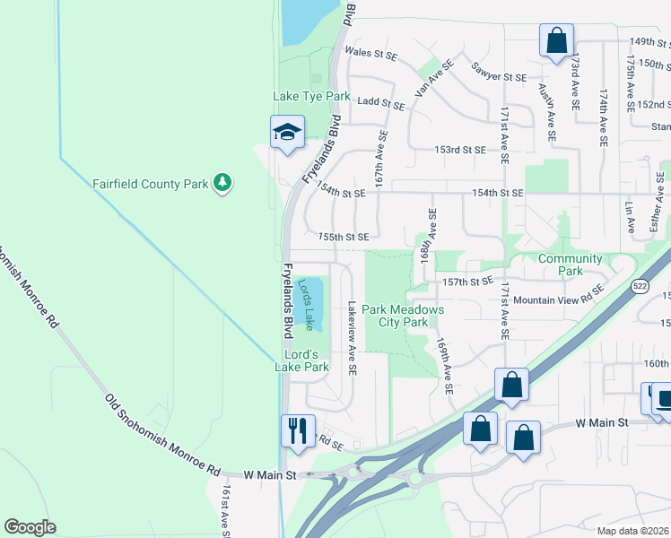 map of restaurants, bars, coffee shops, grocery stores, and more near 16510 156th Street Southeast in Monroe