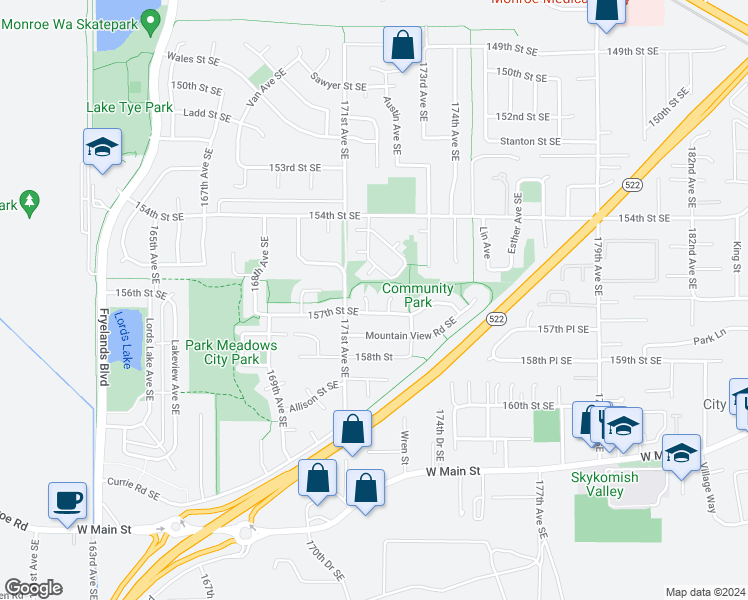 map of restaurants, bars, coffee shops, grocery stores, and more near 15655 Canby Drive in Monroe