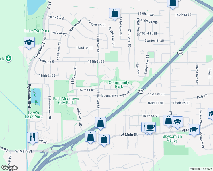 map of restaurants, bars, coffee shops, grocery stores, and more near 15655 Canby Drive in Monroe