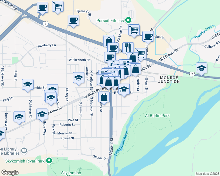 map of restaurants, bars, coffee shops, grocery stores, and more near in Monroe