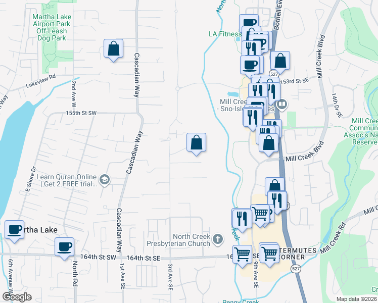 map of restaurants, bars, coffee shops, grocery stores, and more near 15709 3rd Ave SE in Bothell