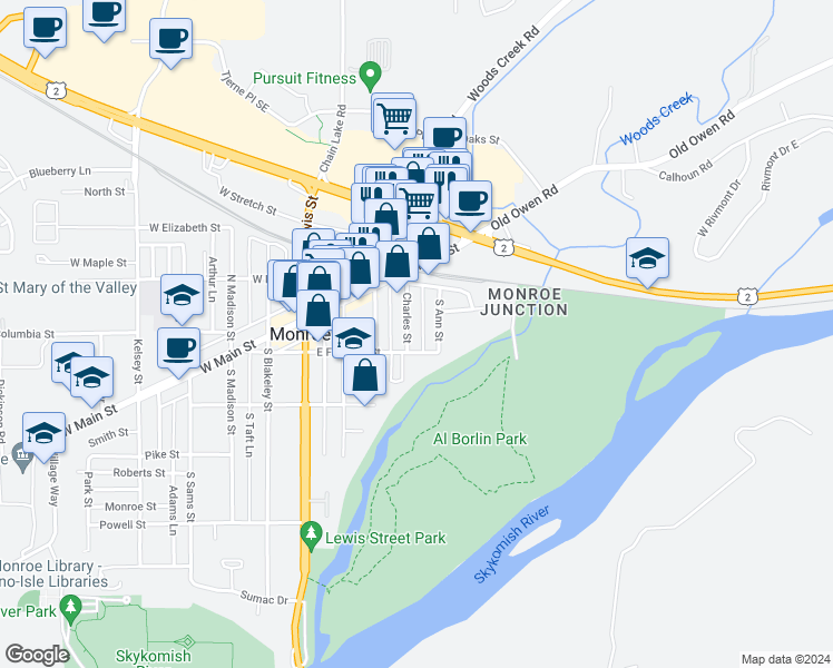map of restaurants, bars, coffee shops, grocery stores, and more near 127 Charles Street in Monroe