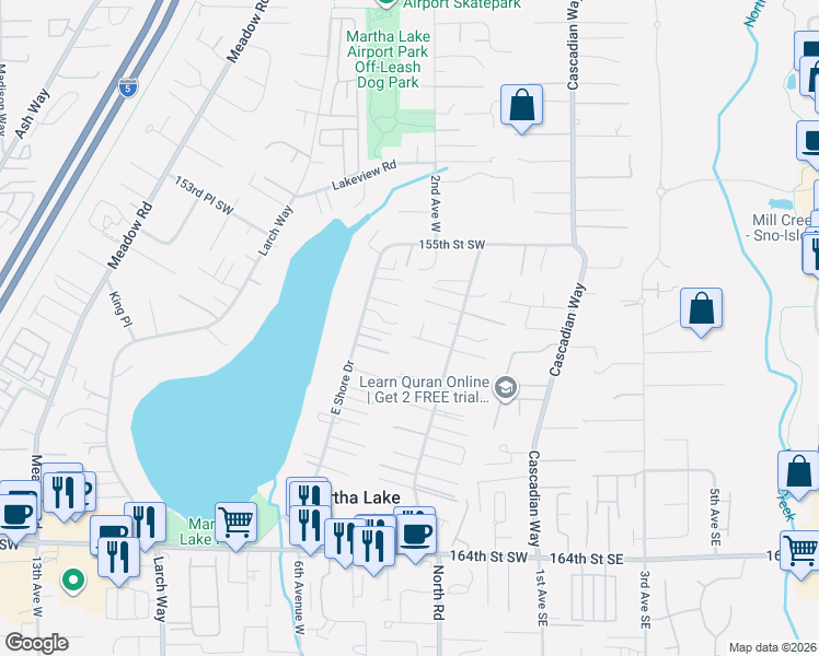 map of restaurants, bars, coffee shops, grocery stores, and more near 15626 2nd Place West in Lynnwood