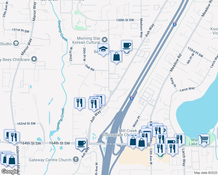 map of restaurants, bars, coffee shops, grocery stores, and more near 15701 18th Avenue West in Lynnwood