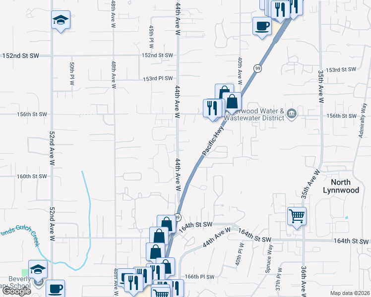 map of restaurants, bars, coffee shops, grocery stores, and more near 15721 44th Avenue West in Lynnwood