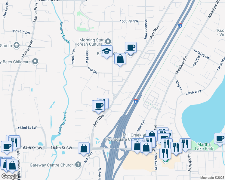 map of restaurants, bars, coffee shops, grocery stores, and more near 15701 18th Avenue West in Lynnwood