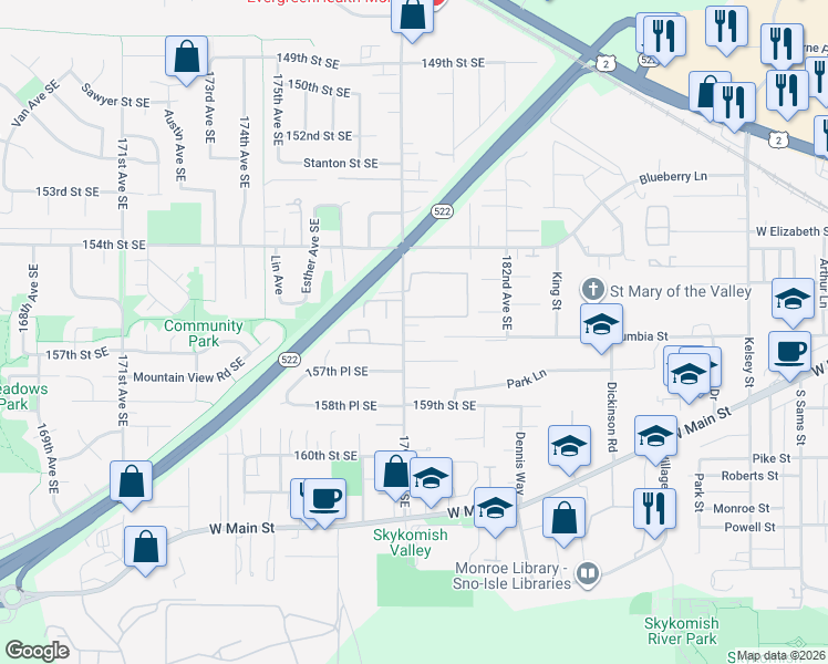 map of restaurants, bars, coffee shops, grocery stores, and more near 15589 179th Avenue Southeast in Monroe