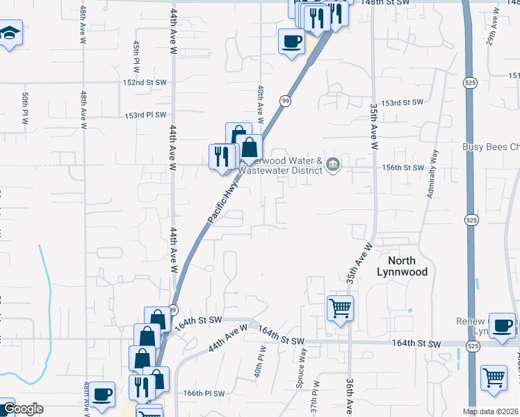 map of restaurants, bars, coffee shops, grocery stores, and more near 15726 40th Avenue West in Lynnwood