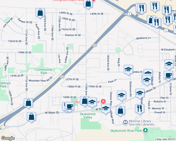 map of restaurants, bars, coffee shops, grocery stores, and more near 15589 179th Avenue Southeast in Monroe