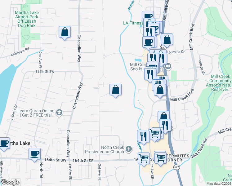 map of restaurants, bars, coffee shops, grocery stores, and more near 15709 3rd Avenue Southeast in Bothell