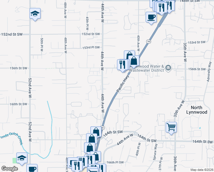 map of restaurants, bars, coffee shops, grocery stores, and more near 15721 44th Avenue West in Lynnwood