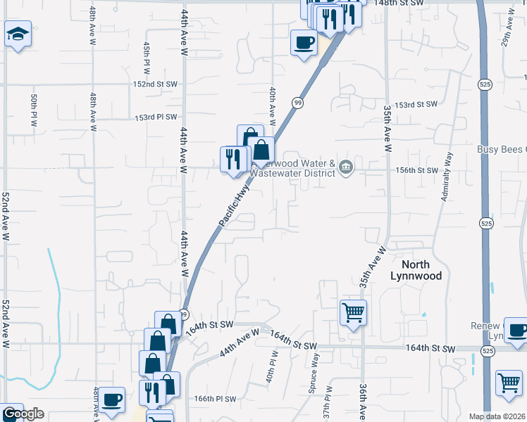 map of restaurants, bars, coffee shops, grocery stores, and more near 15726 40th Avenue West in Lynnwood