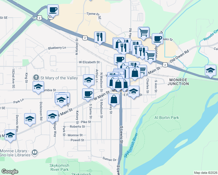 map of restaurants, bars, coffee shops, grocery stores, and more near 110 North Blakeley Street in Monroe