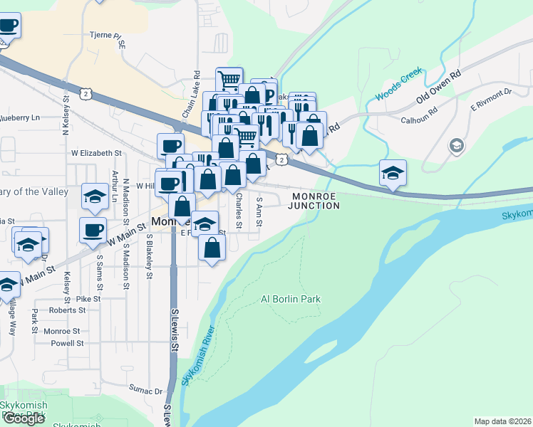 map of restaurants, bars, coffee shops, grocery stores, and more near 117 South Ann Street in Monroe