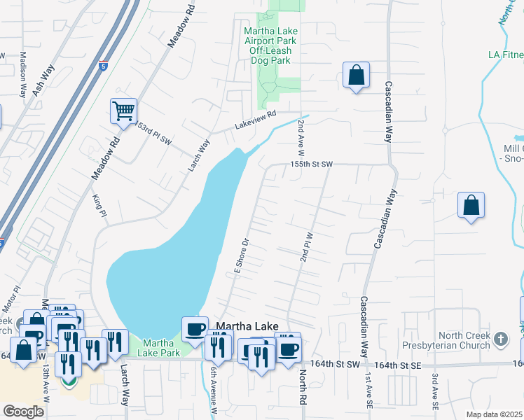 map of restaurants, bars, coffee shops, grocery stores, and more near 15625 East Shore Drive in Lynnwood