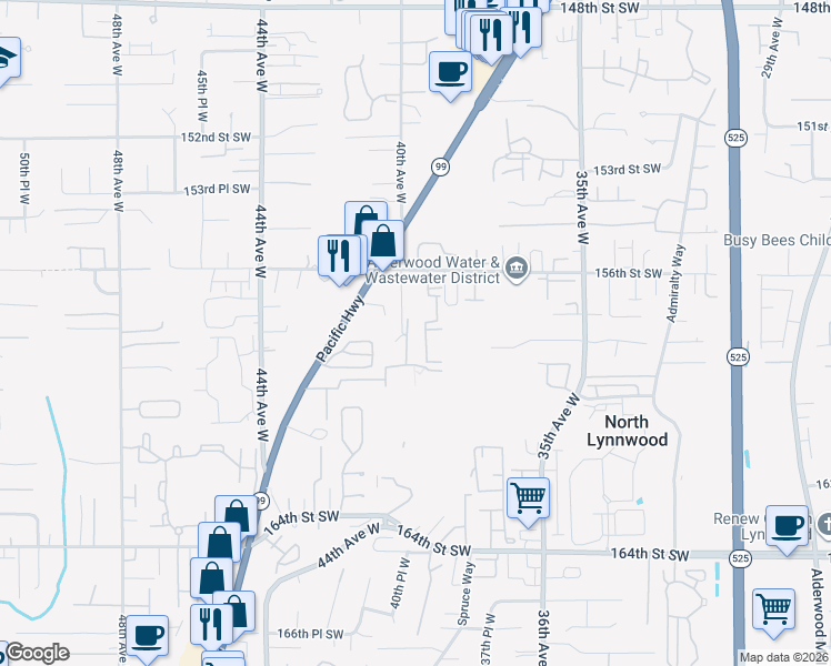 map of restaurants, bars, coffee shops, grocery stores, and more near 15723 40th Avenue West in Lynnwood