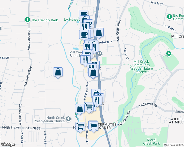 map of restaurants, bars, coffee shops, grocery stores, and more near 15704 Mill Creek Boulevard in Mill Creek