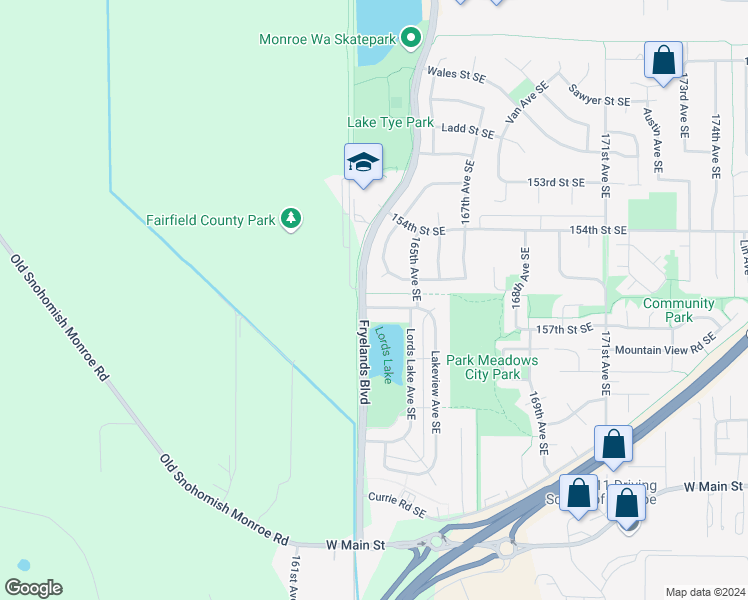 map of restaurants, bars, coffee shops, grocery stores, and more near 16369 156th Street Southeast in Monroe