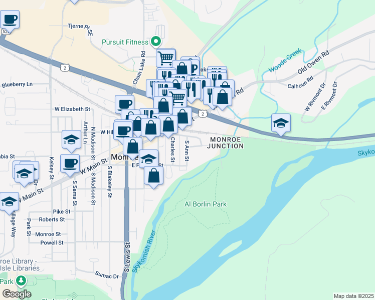 map of restaurants, bars, coffee shops, grocery stores, and more near 117 South Ann Street in Monroe