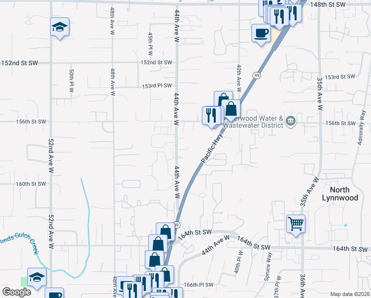 map of restaurants, bars, coffee shops, grocery stores, and more near 15721 44th Avenue West in Lynnwood