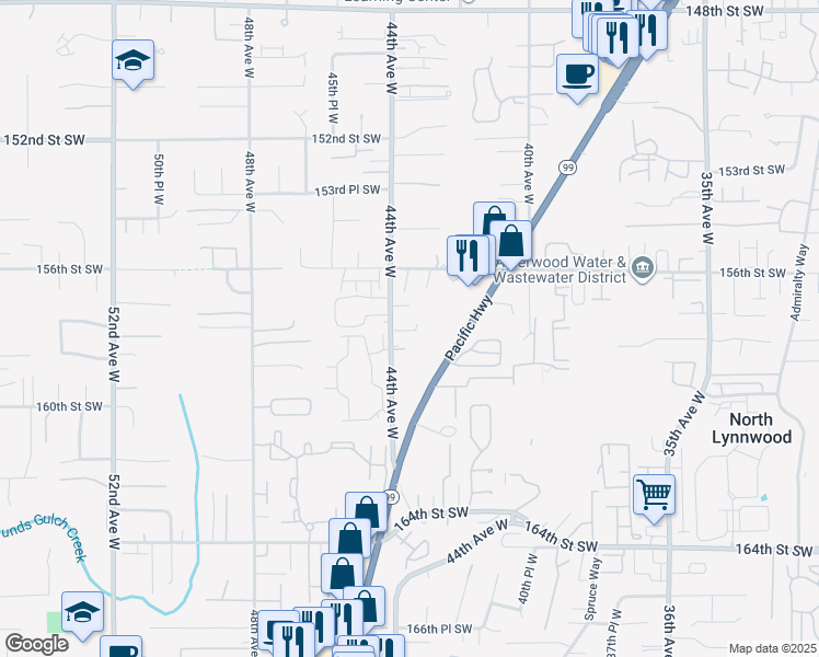 map of restaurants, bars, coffee shops, grocery stores, and more near 15721 44th Avenue West in Lynnwood