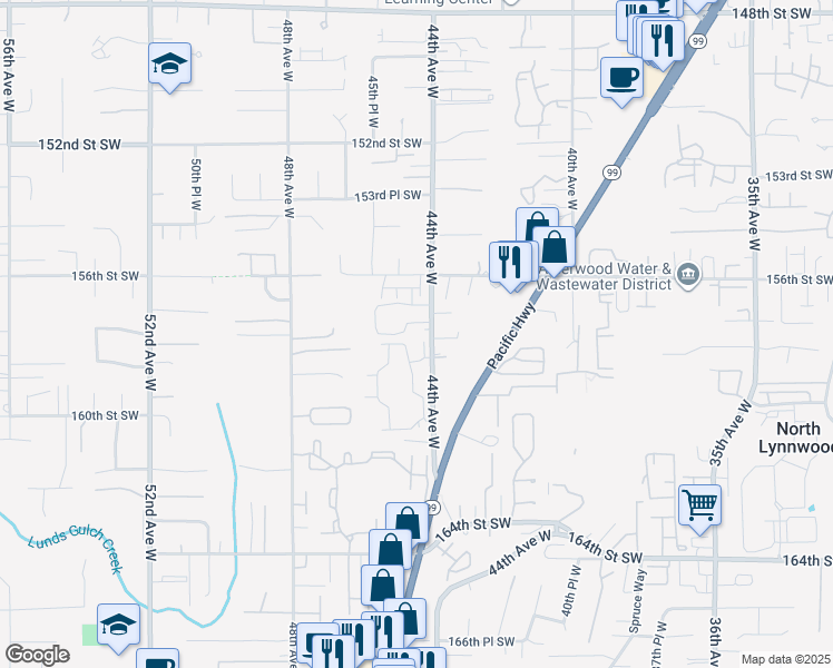 map of restaurants, bars, coffee shops, grocery stores, and more near 15722 44th Avenue West in Lynnwood