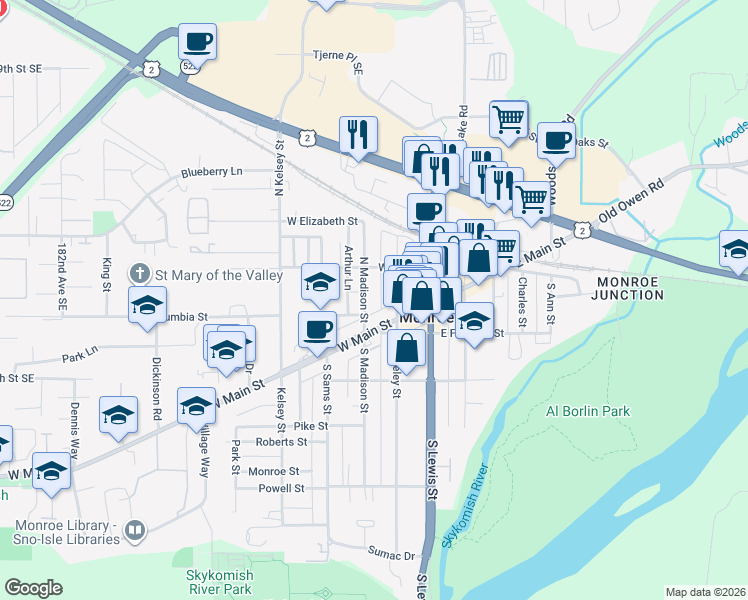 map of restaurants, bars, coffee shops, grocery stores, and more near 110 North Blakeley Street in Monroe