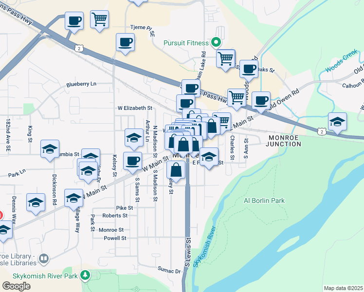 map of restaurants, bars, coffee shops, grocery stores, and more near in Monroe