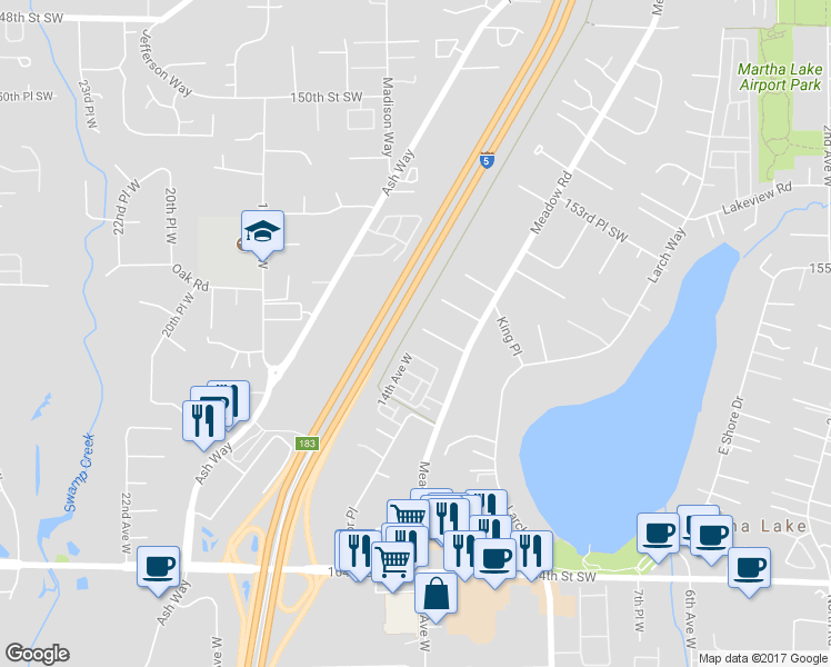 map of restaurants, bars, coffee shops, grocery stores, and more near 15712 Meadow Road in Lynnwood