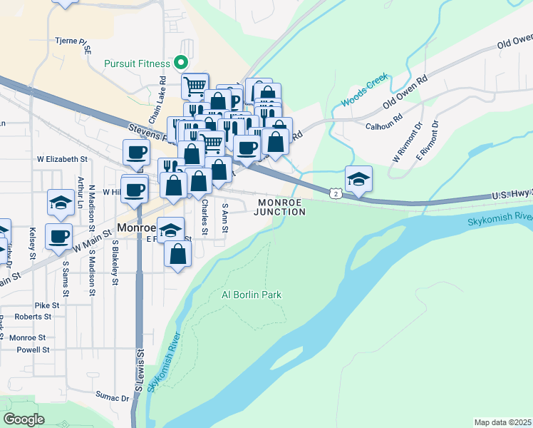 map of restaurants, bars, coffee shops, grocery stores, and more near 544 Simons Road in Monroe