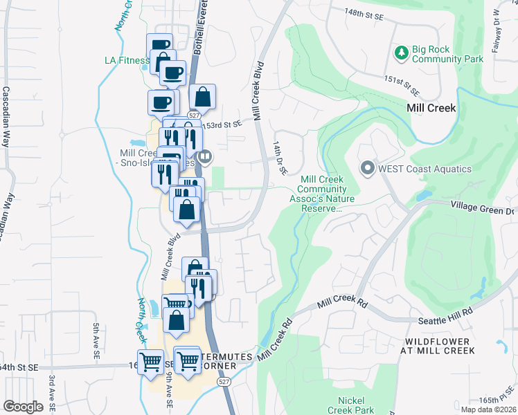 map of restaurants, bars, coffee shops, grocery stores, and more near 1300 156th Street Southeast in Mill Creek