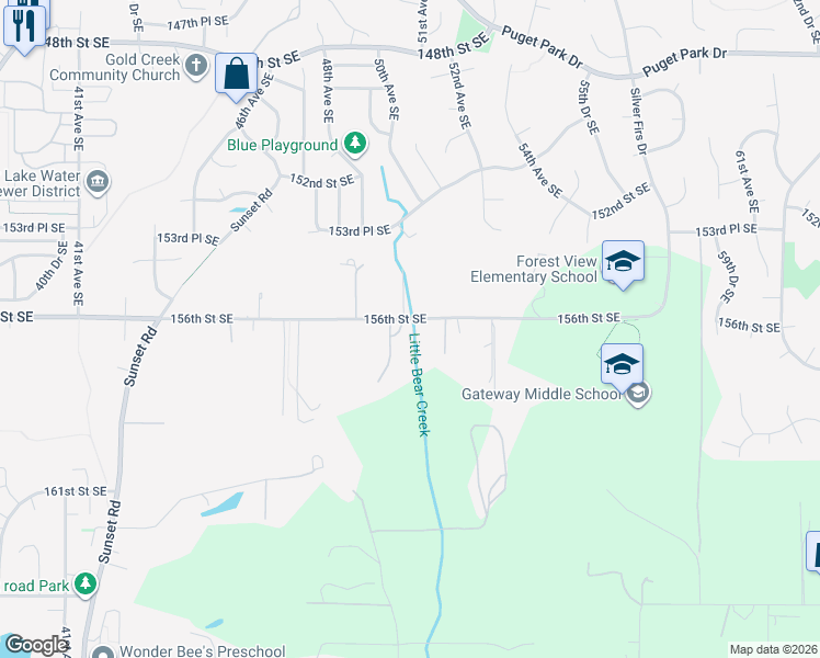 map of restaurants, bars, coffee shops, grocery stores, and more near 5024 156th Street Southeast in Bothell