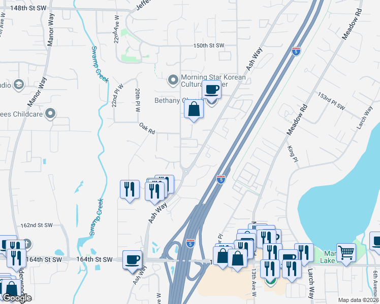 map of restaurants, bars, coffee shops, grocery stores, and more near 15701 18th Avenue West in Lynnwood