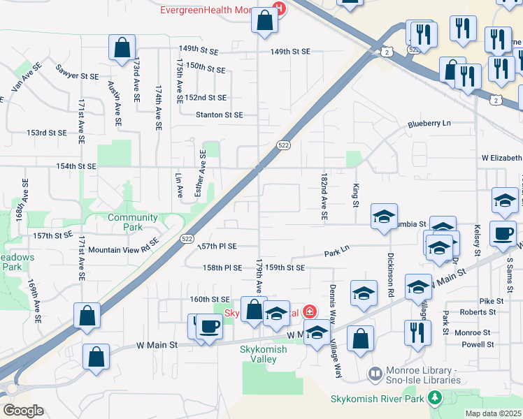 map of restaurants, bars, coffee shops, grocery stores, and more near 15589 179th Avenue Southeast in Monroe