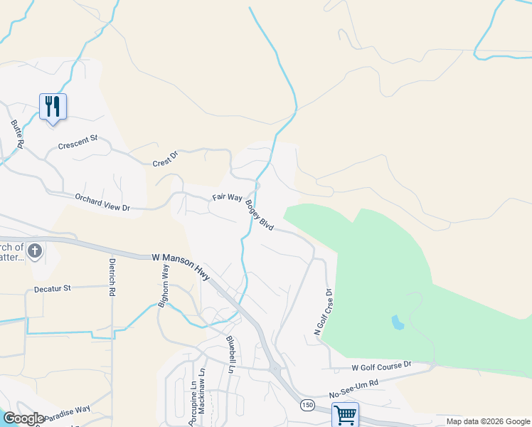 map of restaurants, bars, coffee shops, grocery stores, and more near 139 Bogey Boulevard in Chelan
