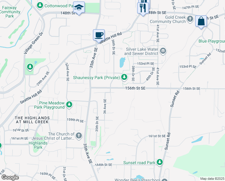 map of restaurants, bars, coffee shops, grocery stores, and more near 3617 156th Place Southeast in Bothell