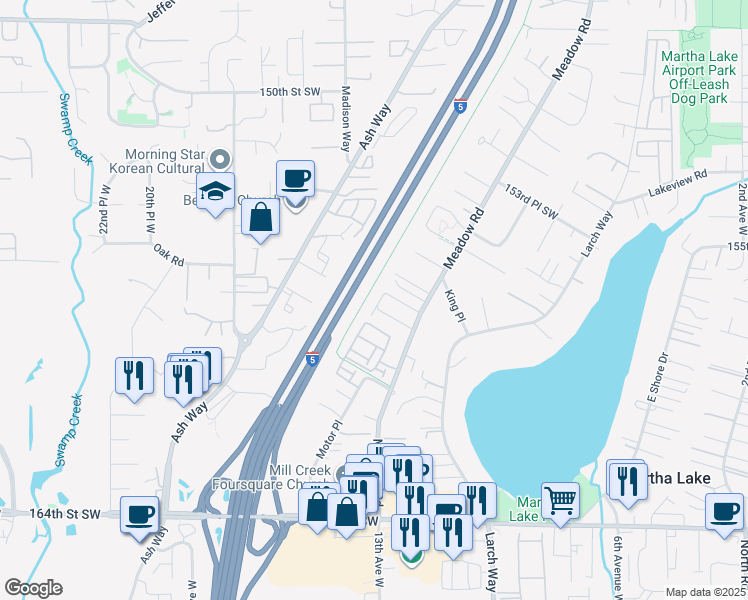 map of restaurants, bars, coffee shops, grocery stores, and more near 15720 Meadow Road in Lynnwood