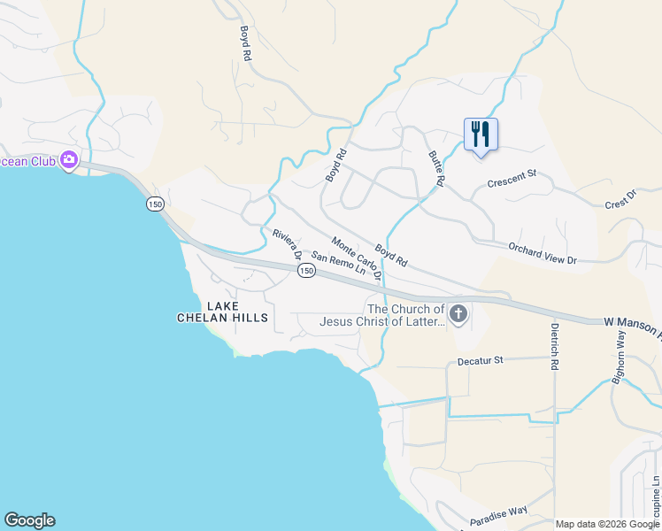 map of restaurants, bars, coffee shops, grocery stores, and more near 112 San Remo Lane in Chelan