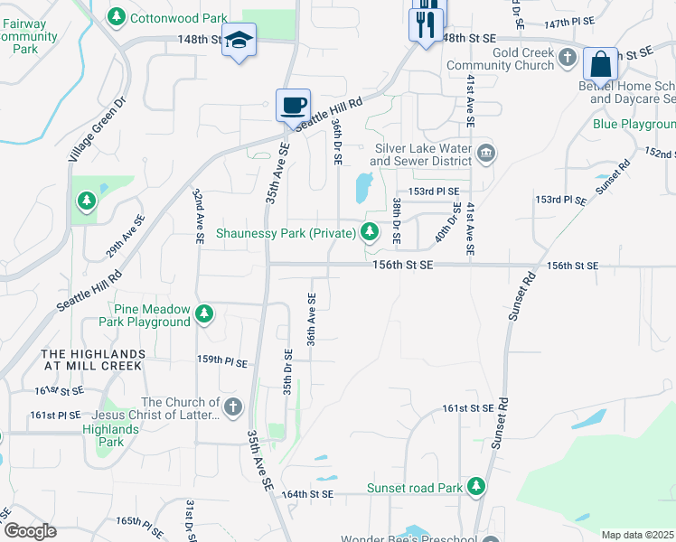 map of restaurants, bars, coffee shops, grocery stores, and more near 3621 156th Place Southeast in Bothell