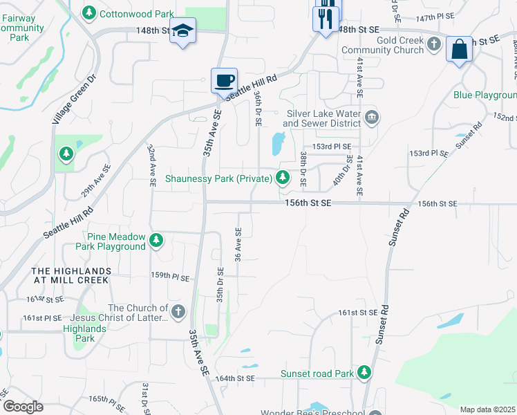 map of restaurants, bars, coffee shops, grocery stores, and more near 3617 156th Place Southeast in Bothell