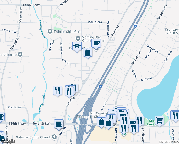map of restaurants, bars, coffee shops, grocery stores, and more near 15706 Ash Way in Lynnwood