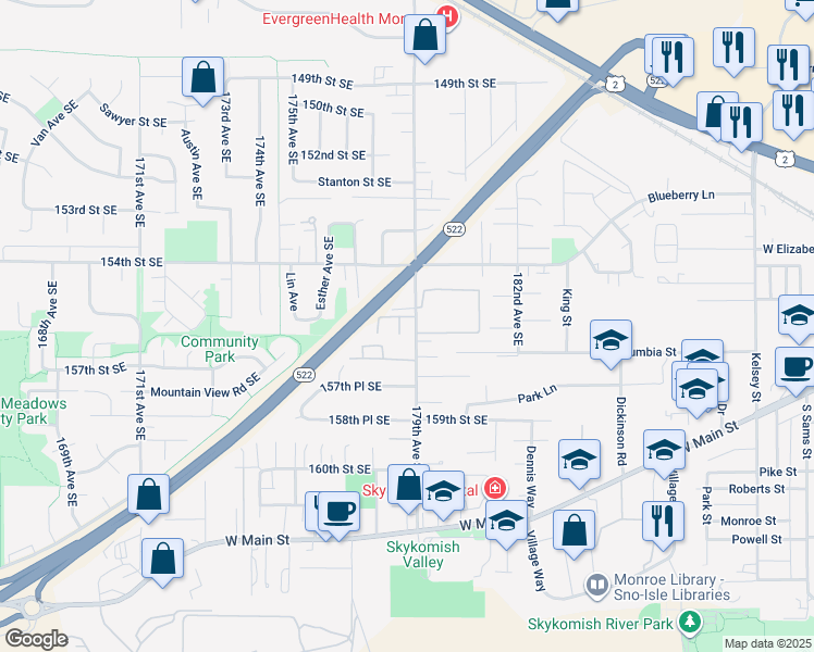 map of restaurants, bars, coffee shops, grocery stores, and more near 15589 179th Avenue Southeast in Monroe