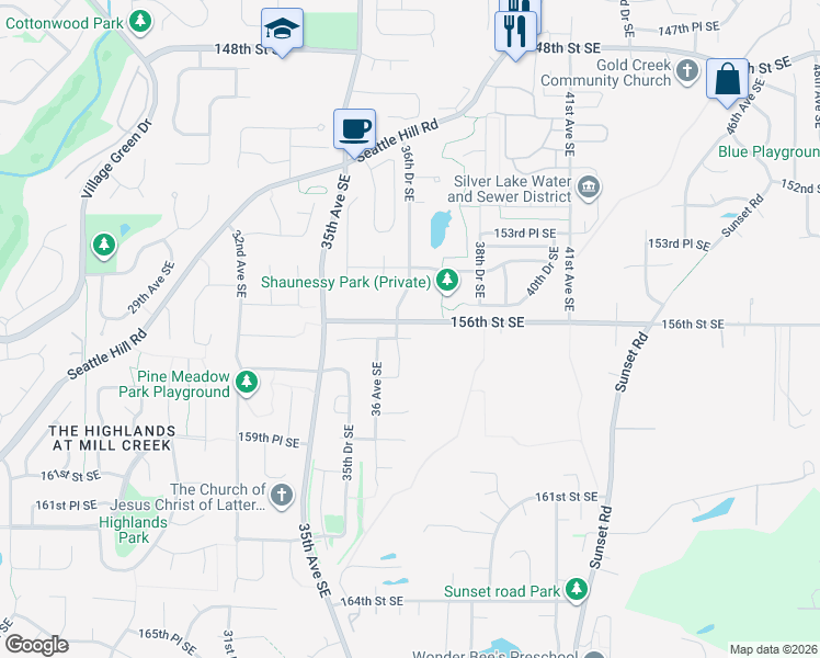 map of restaurants, bars, coffee shops, grocery stores, and more near 3617 156th Place Southeast in Bothell