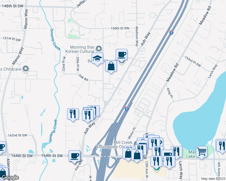 map of restaurants, bars, coffee shops, grocery stores, and more near 15706 Ash Way in Lynnwood