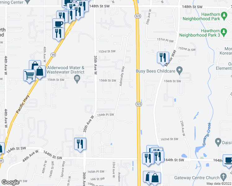 map of restaurants, bars, coffee shops, grocery stores, and more near 15714 Admiralty Way in Lynnwood