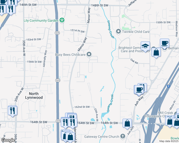 map of restaurants, bars, coffee shops, grocery stores, and more near 15715 26th Place West in Lynnwood