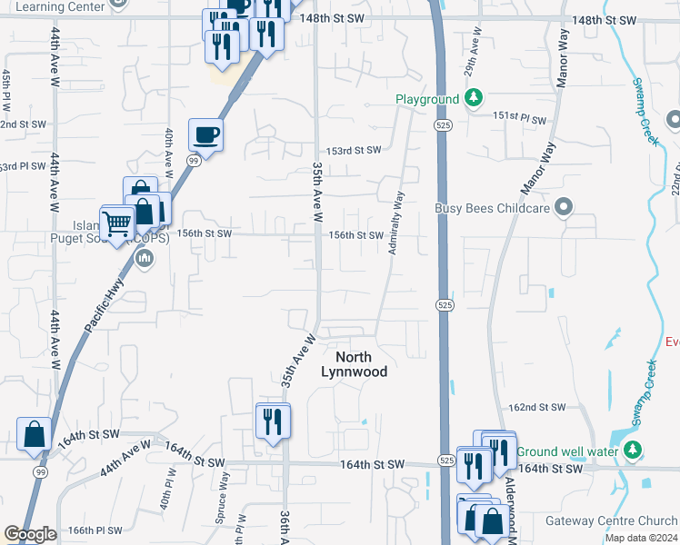 map of restaurants, bars, coffee shops, grocery stores, and more near 15712 34th Place West in Lynnwood