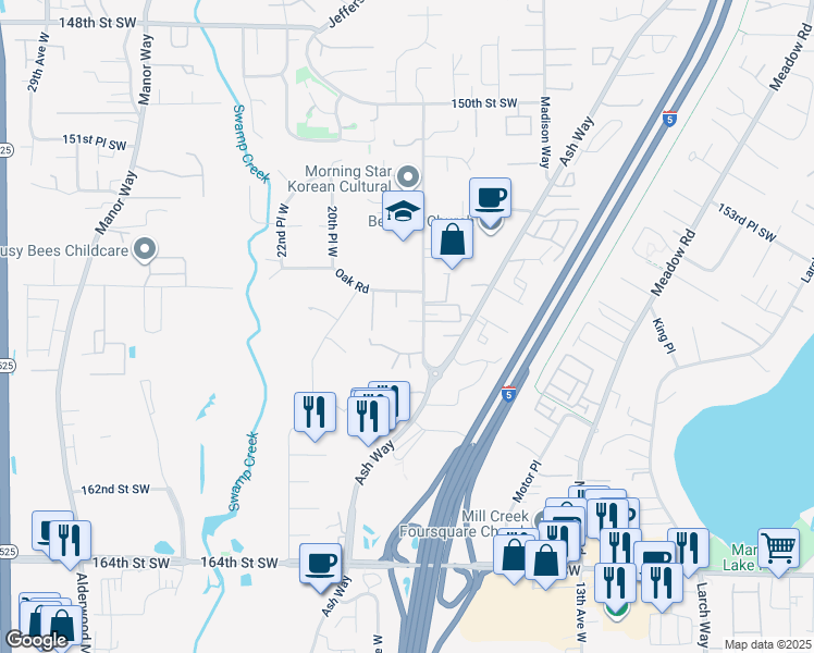 map of restaurants, bars, coffee shops, grocery stores, and more near 15628 18th Avenue West in Lynnwood